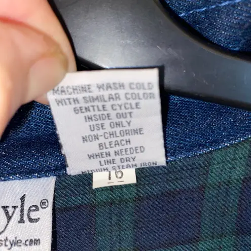 NorthStyle Denim Chore Coat Barn Jacket Green plaid flannel lining Hooded Fall Blue Size L