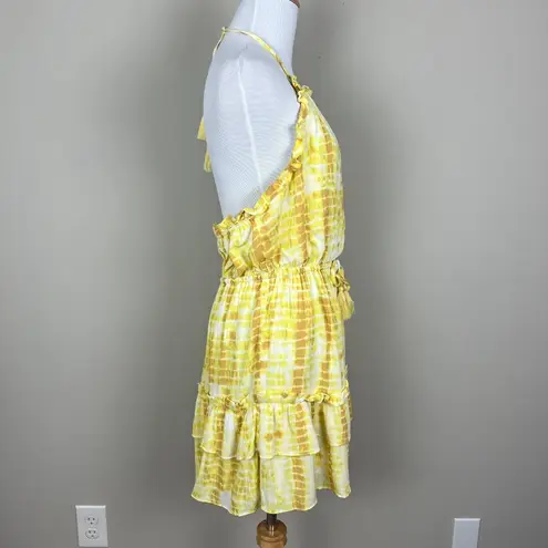 Majorelle Revolve Baker Mini Dress Medium Yellow Tie Dye Halter Tiered Ruffle M