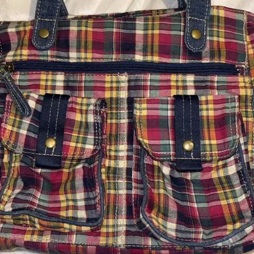 RED PLAID TOTE/SHOULDER BAG 2 DENIM HANDLES 2 VELCRO AND ONE ZIP POCKET OUTSIDE