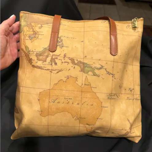 Alviero Martini 1ª Classe Vintage Geo Classic Tote/Shoulder Bag Map Print Tan