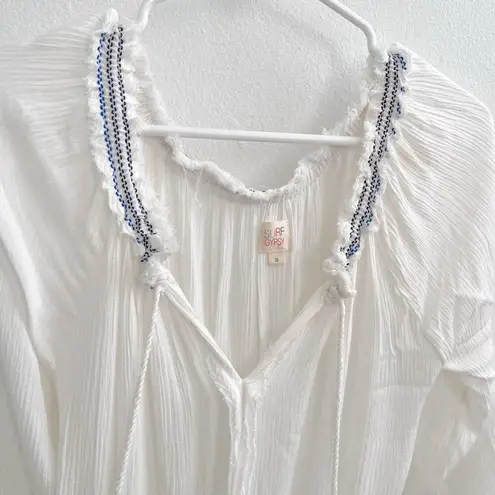 Surf Gypsy  Embroidered Tunic Swim Cover-Up Dress SMALL White Blue V-neck NEW