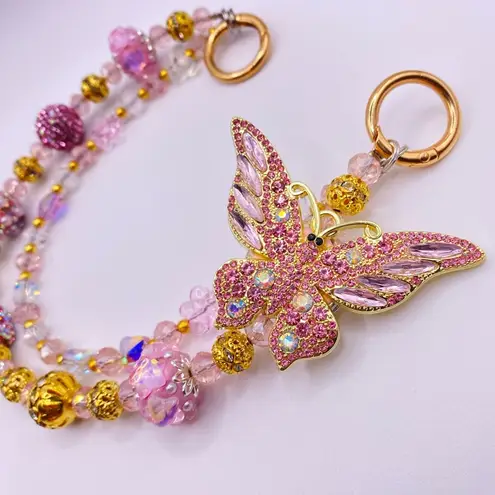 Handmade 🩷 Luxury Bag/Phone Chain Charm/Keychain Pretty Light Pink Rhinestone Butterfly
