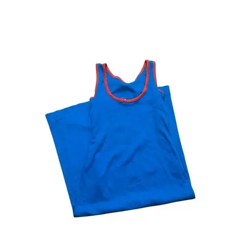 70s Vintage Fritzi of California Blue Cotton Midi Dress Sleeveless Red Trim Med