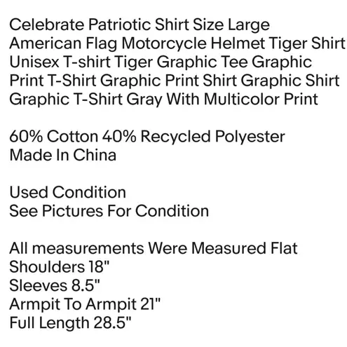 Celebrate Patriotic Shirt Size Large American Flag Motorcycle Helmet Tiger Shirt Unisex T