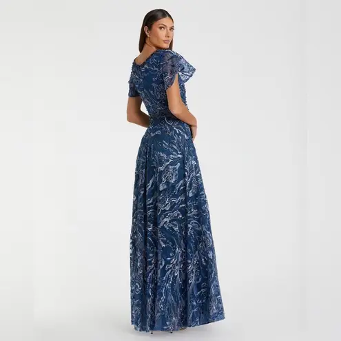 Mac Duggal 20301 Womens Navy Embellished Illusion Butterfly Sleeve A-Line Gown