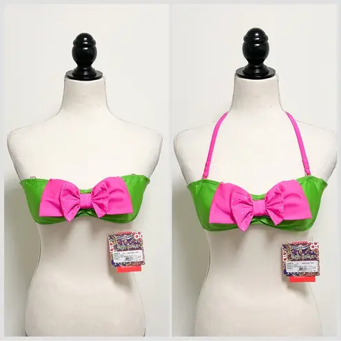 Luli Fama Pink Green Rhinestones Bandeau Bow Tassels Halter Bikini Top NWT
