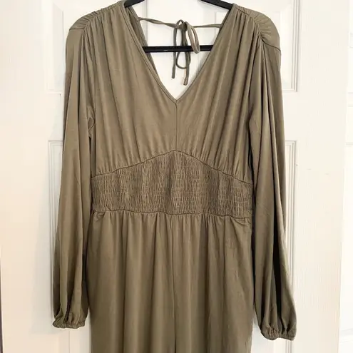 Long Sleeve Jumpsuit Smocked Waist V Neck Olive Green Casual Size M Cozy Boho Size M