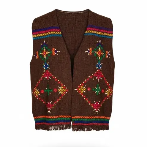 Vintage Hand Embroidered Brown Knit Vest Folk Art Bohemian Festival Fringe Small