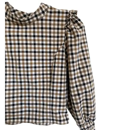 ZARA  Gingham Neutral Plaid Blouse Ruffled Puff Sleeve Preppy Top S