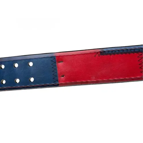 Vintage Multicolored Patchwork Tan Red & Blue Color Block Leather Belt Size 32