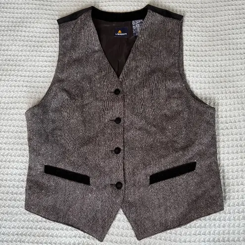 Liz Sport Vintage Tweed Wool Velvet Vest Womens 10 Gray Black Button Down 90s 80s