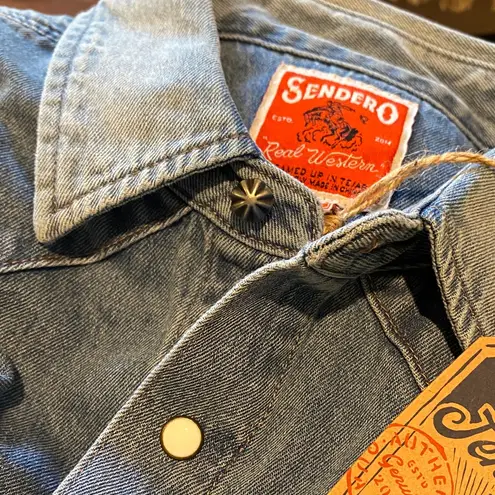 SENDERO DENIM WESTERN ANNIE PEARL SNAP SHIRTDRESS SMALL—NEEDS ZIPPER REPAIR Blue