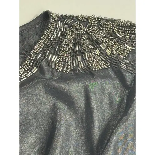Solaris S Black Metallic Beaded Shoulder Top Party Cocktail Blouse