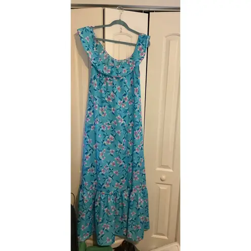 Vintage Hilo Hattie Hawaii Floral Maxi Dress Off Shoulder Ruffle Blue Purple M Blue Size M