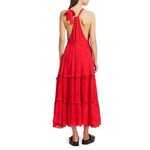 Chufy Huancayo Halter Lace Eyelet Maxi Dress Size Medium Large Red