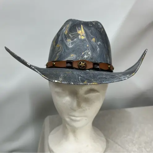 Distressed marble gold glazed Cowboy Hat w/Brown Leather Star concho Band unisex Blue Size M