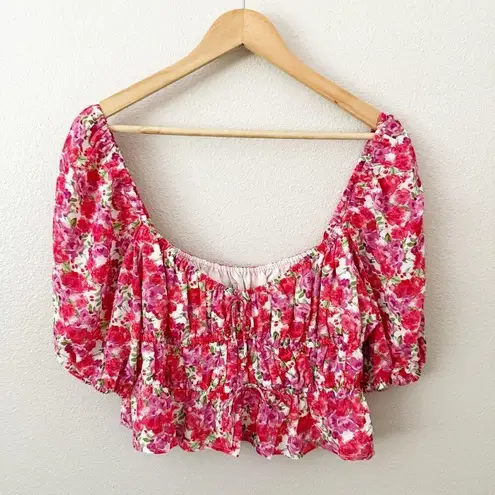WAYF | Avra Floral Puff Puffed Sleeve Crop Top Corset Style Pink Red | Size XL