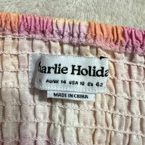 Charlie Holiday Charlie Holiday Andrea Top Women 10 Pink Orange Check Linen Puff Sleeve Smocked