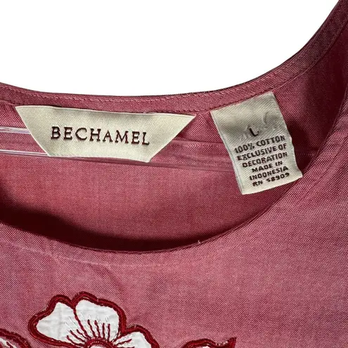 Vtg Bechamel Red Cotton Maxi Dress Floral Embroidered Striped Hem Summer 90s L Pink Size L