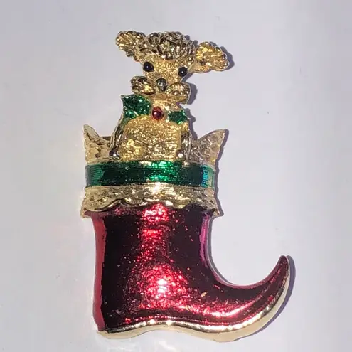 Gerry's Festive Gold Tone and Red Enamel Poodle Dog Stocking Brooch
