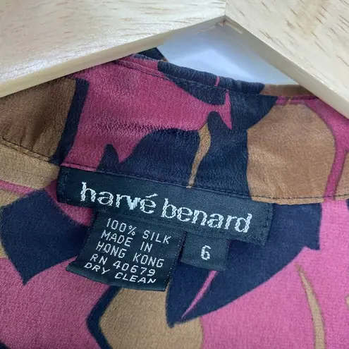 Harvé Benard Harve Benard Pink Black Brown Printed 100% Silk Button Front Top Women's Size 6