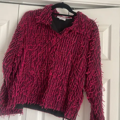 Silver Stream Vintage pink and black fringe button down blazer cardigan top Size L