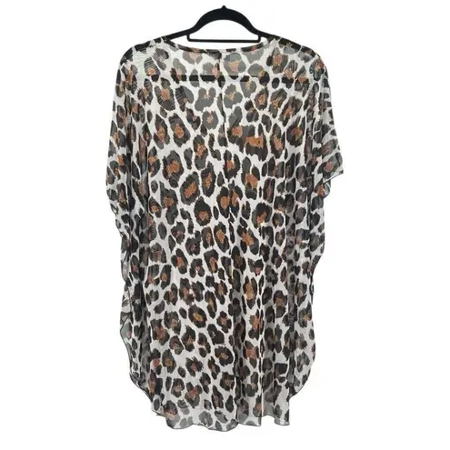 Jordan Taylor Oversized Mesh Leopard Print V-Neck Kaftan Tunic Top Size Medium
