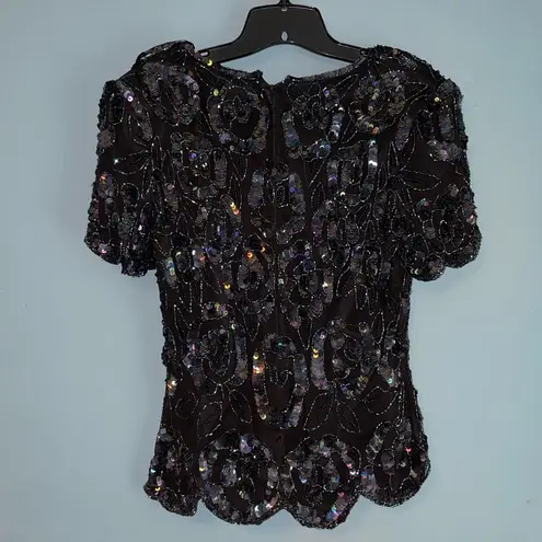 Papell Boutique Vintage Sequined Evening Top Silk Scalloped Hem Petite Medium