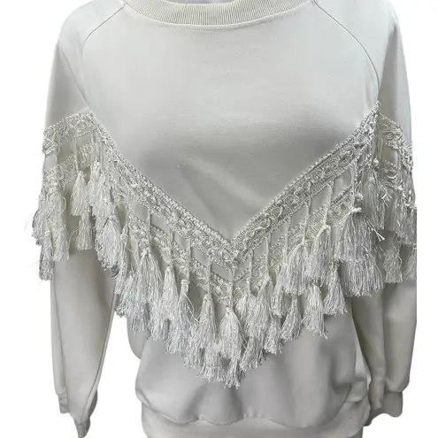 Vera & Lucy Women's White Tassels Fringe Long Sleeve Sweatshirt Sweater Top Sz M