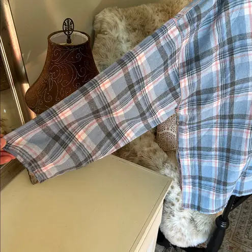 FP Sunday morning, sleep shirt, light blue flannel pop over polo collared top S