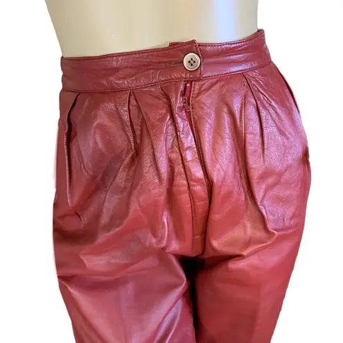 VINTAGE 1980'S REDDISH BROWN LEATHER STRAIGHT LEG PLEATED TROUSERS (XS) Red