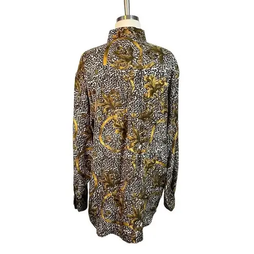 Cote de France Vintage Silk Blouse Animal Print Baroque Top Women Size Large Gold