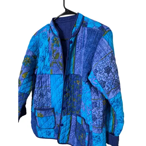 Vintage La Cera Quilted Patchwork Jacket Floral Print Reversible Blue Women's M Size M
