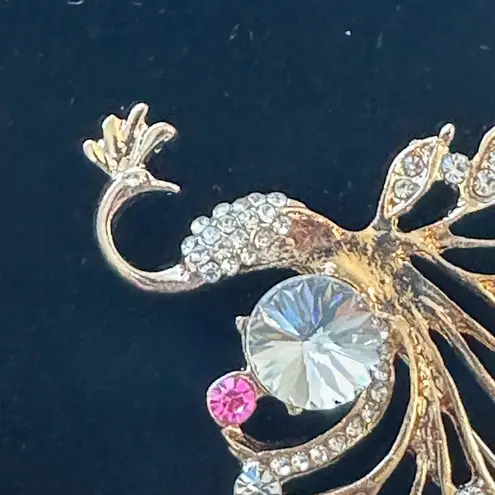 Peacock Gold Brooch with White, Pink and Blue Accents