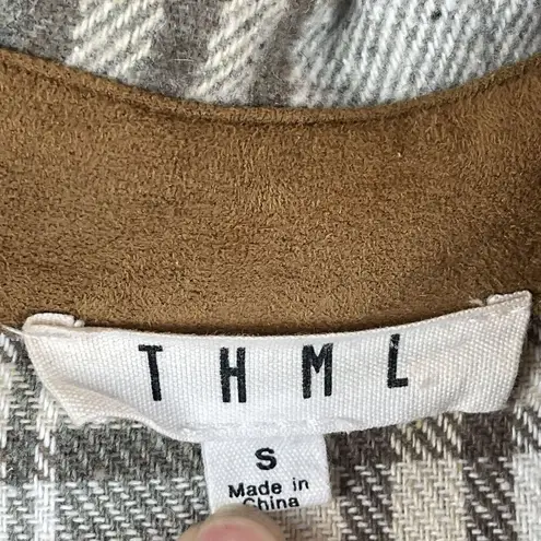 THML Jacket Shacket Women Small Green Brown Plaid Button Pocket Flannel Ranch