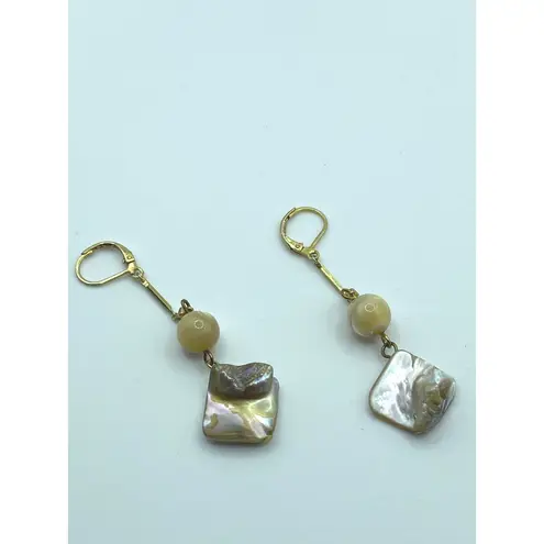 Boho Mother of Pearl Dangle Earrings Gold Tone Coastal Beach Resort Jewelry