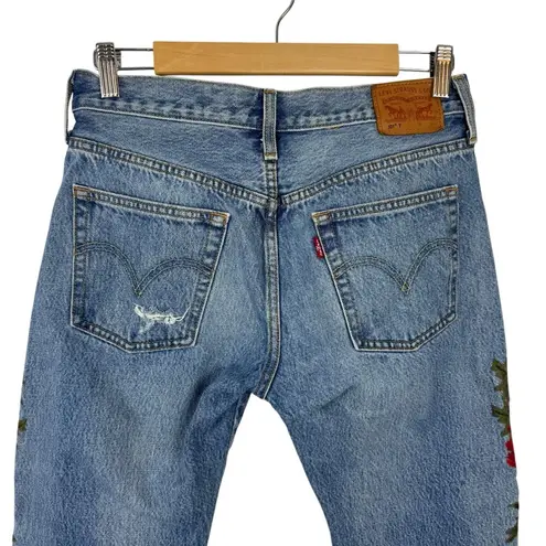 Levi's  501T Floral Jeans Embroidered Distressed Cropped Tapered Crop Denim 26