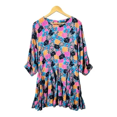 Aakaa Floral Dolman Sleeve Mini Tie Waist Multicolor Swing Dress Women Size XL