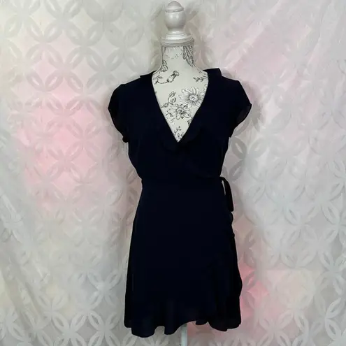 Aritzia Sunday Best Ruffle Wrap Chiffon Navy Mini Dress Size 2 Blue