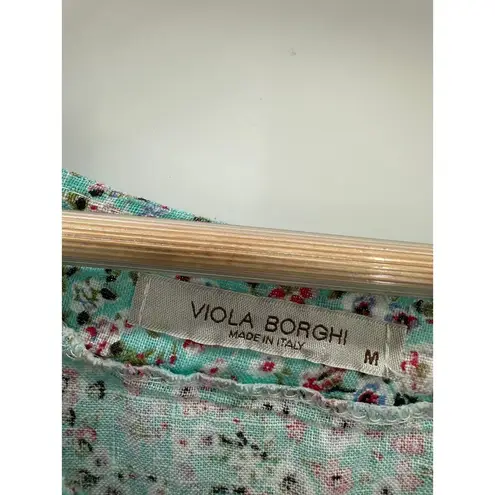 Viola Borghi Top Women Medium Blue Microfloral Linen Ruffle Sleeve Made in Italy