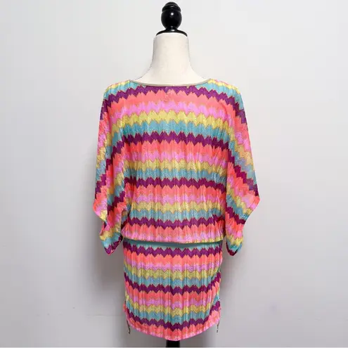 Luli Fama Cabana Chevron V Neck Kimono Short Sleeve Blouson Mini Coverup Dress