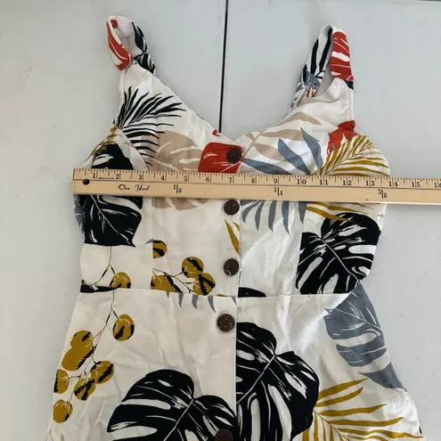 White Tropical Leaf Print Button Front Midi Dress Linen Small Boho Resortwear