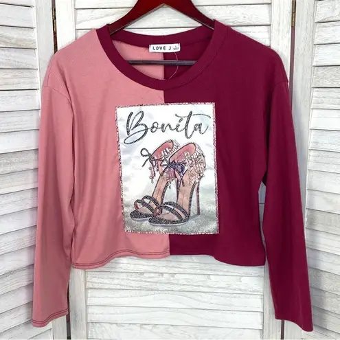 Love j Ribbed Embellished Bonita Crop T-shirt Color Block Maroon Pink Large