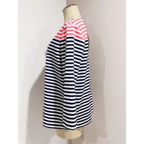 Draper James Women's Stripe Ponte Long Sleeve Tee Navy Coral Size L