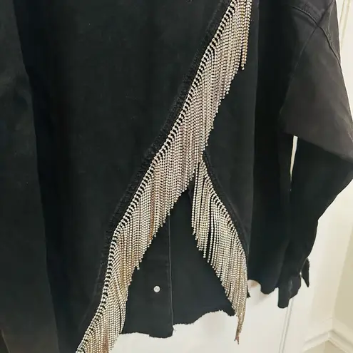 Women With Control Western Embelllished Fringe Black Denim Jacket Size 2x