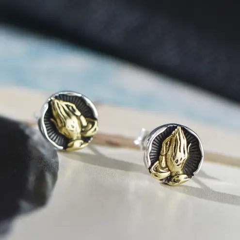 925 Silver Plated Praying Hands Stud Earrings for Men Women,Punk Hip Hop Earrings