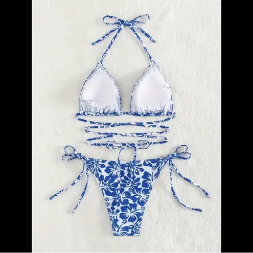 Boutique Blue & White, Tropical, Strapped, Bikini Set