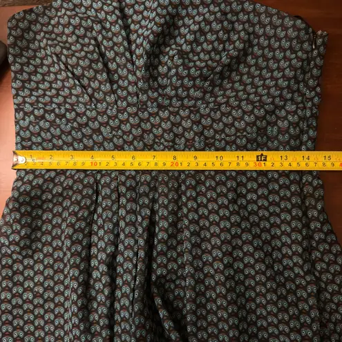 Yazbek Ya Black & Teal Owl Print Strapless Dress Ruffle Hem Silk Blend - Size M