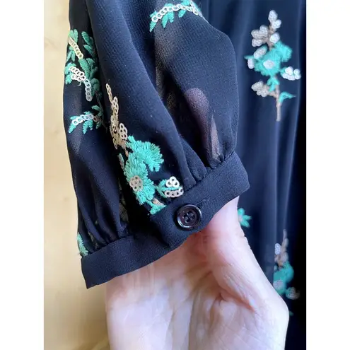 Sandro Paris Embroidered Faux Wrap Midi Black Ruffled Dress Size 1 Small FR 36