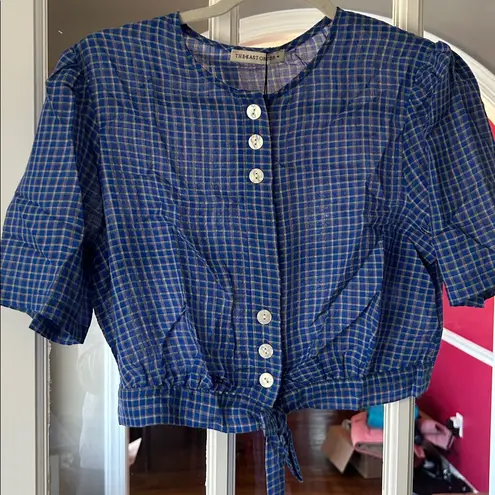 Revolve The East Order Medium Short Sleeve Mahlia Crop Top in cobalt blue check preppy